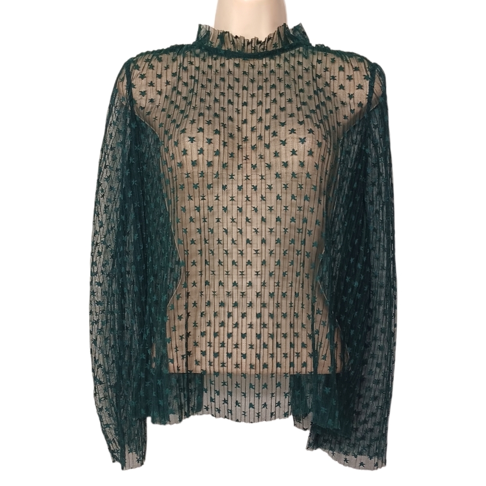 TOPSHOP Open Back Dark Green Embroidered Semi Sheer Long Sleeve Top 2 X-Small